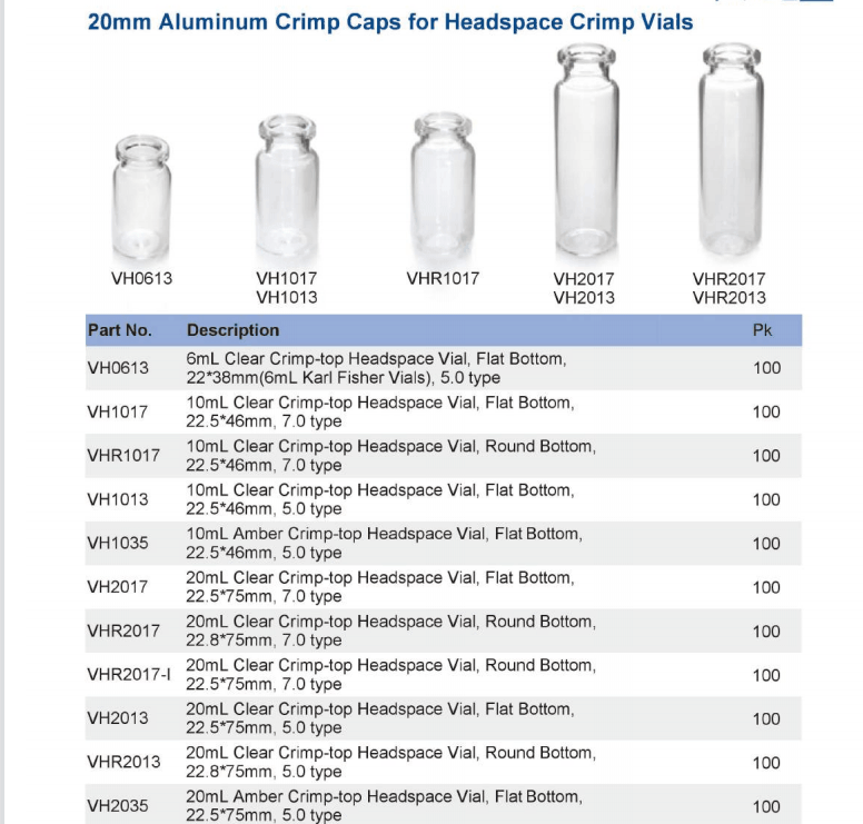 100/pk Headspace Vials Color Transparent Price